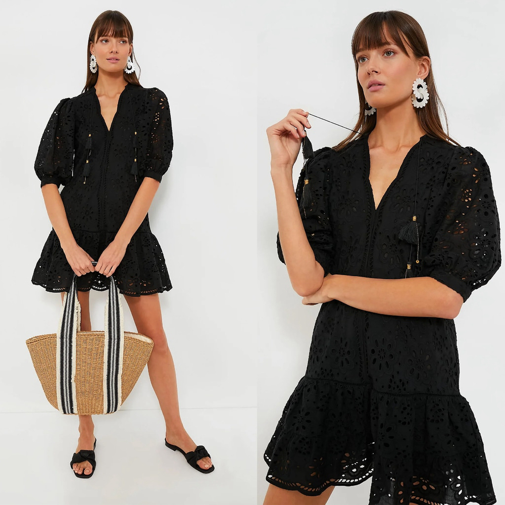 NWT BELL BY ALICIA BELL Black Eyelet Popover Flounce Mini Dress $360 - XS